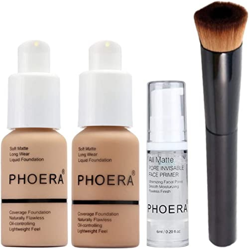 Phoera Foundation Full Coverage Make-up-Set – enthält Buff Beige & Sand 30 ml Matte Foundation, 6 ml Gesichtsprimer und flüssiger Foundation-Pinsel für einfache Anwendung