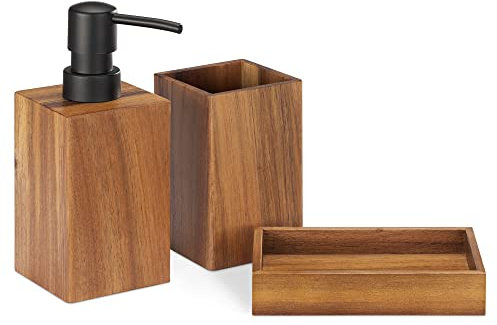 Navaris Set para el baño de Madera - Juego 3 Accesorios para Lavabo - Kit Triple con 1x dispensador de jabón 1x Porta Cepillo de Dientes 1x jabonera