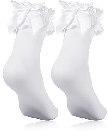 Geyoga Chaussettes Blanches Volants Dentelle avec Nœud à Cheville Princesse Habillées