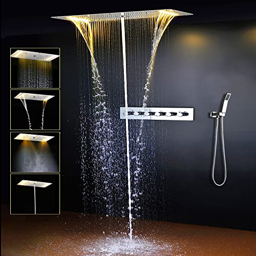 Cascada Luxurious Recessed 15 x 28 Large LED Shower System with 6 knob Thermostatic Valve, 5 Mode Functions (Rainfall, Waterfall, SPA Mist, Column & Handheld Shower) (Polished Stainless Steel)