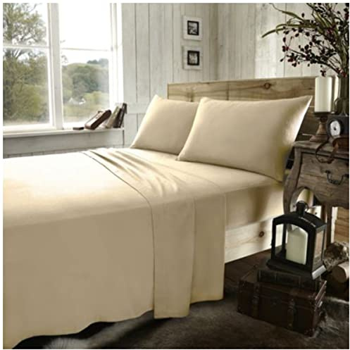 GC GAVENO CAVAILIA 100% Brushed Cotton Fitted, Flat Sheet With Pillowcases, Flannelette Bedding, Flannel Bed Sheets, Grey, Double, Plain-latte