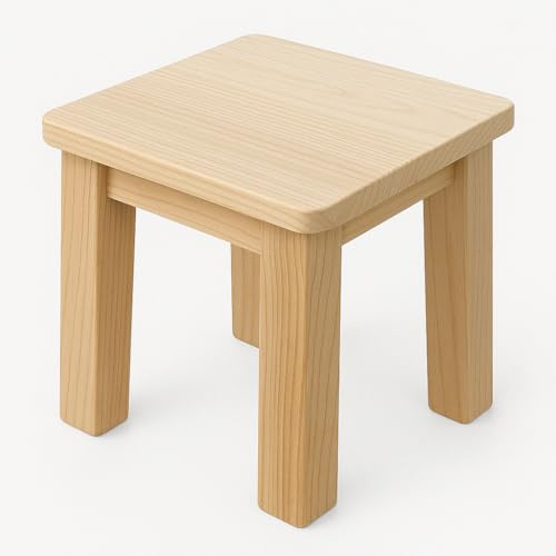 Sgabello quadrato in pino in legno massello. Dimensioni (larghezza x profondità x altezza): 21 x 21 x 21 cm. Molto resistente. In legno grezzo, può essere dipinto.