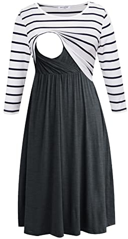 Smallshow Vestidos de Lactancia Vestido de Lactancia Materna de Manga 3/4 para Mujeres White Stripe-Deep Grey S