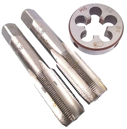 Acdeyaca Ensemble de tarauds et filières métriques à main, tarauds filetés M16 x 1 et matrice ronde, 2 tarauds droits pour droitier et 1 matrice (M16 x 1)