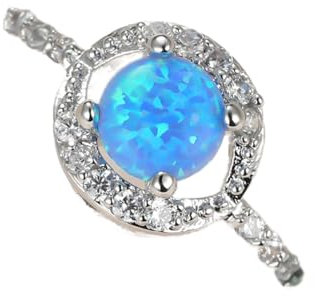 BIOLIVING Boho Weiblicher Blauer Opal-Stein-Ring-Charme-Silber-Farben-dünne Trauringe Für Frauen-Weinlese-Braut-kristallrunder Verlobungsring