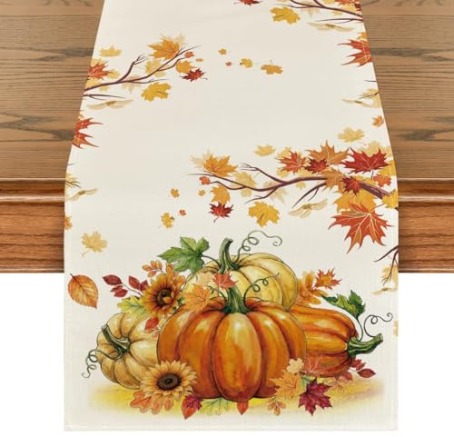 Artoid Mode Kürbisse Ahornblätter Sonnenblumen Herbst Tischläufer 40x300 cm | Saisonal Hause Wohnzimmer Tisch Dekoration Drinnen Urlaub Party Dekor