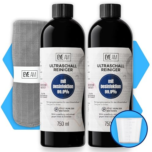 NEUHEIT: Ultraschallreiniger Konzentrat MIT DESINFEKTION inkl. Mikrofasertuch | Hygienische Brillenreinigung, auch gegen Viren und Bakterien (2 x 750ml)