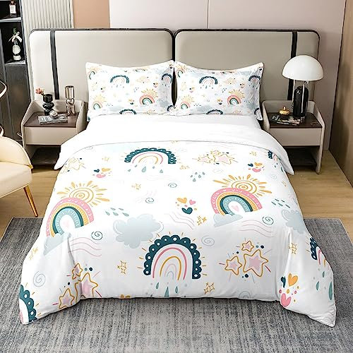 richhome Boho Regenbogen 100% Bio-Baumwolle Trösterbezug Nette Sonnensterne Wolke Bettbezug Set 200x200 Aquarell Streifen Weiß Bettwäsche Set mit 2 Kissenbezügen