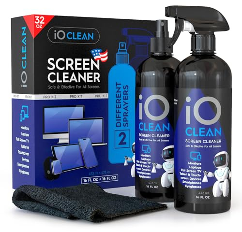 Screen Cleaner Spray (16oz+16oz) – Best Large Cleaning Kit for LCD LED OLED TV, Smartphone, iPad, Laptop, Touchscreen, Computer Monitor, Other Electronic Devices – 2 Microfiber Cloths and 4 Nozzles