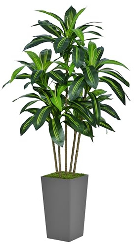 ASTIDY Artificial Dracaena Tree 5FT - Faux Tree with Gray Tall Planter - Fake Tropical Yucca Floor Plant in Pot - Artificial Silk Tree for Home Office Living Room Decor Indoor