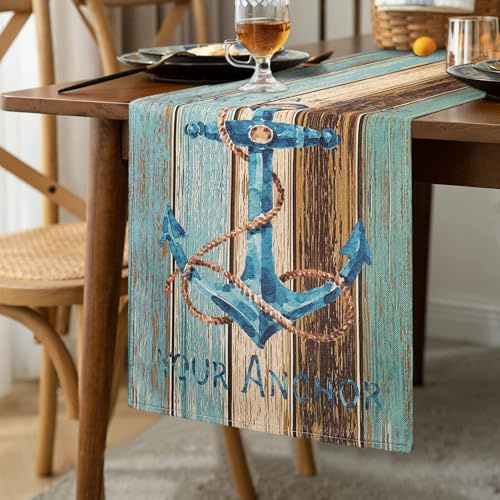 Runner da Tavolo Moderno Oceano Ancoraggio Soggiorno Primavera Verde Blu Grigio Tavole Fienile in Lino per Tavolo da Pranzo Festa Matrimonio Cucina Decorazione Della Tavola 33 x 183 cm