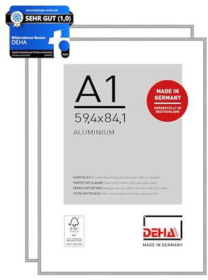 DEHA Design Bilderrahmen, 59,4 x 84,1 cm (A1) (2er Set), Aluminium, Silber matt, Posterrahmen zum Aufhängen im Hoch- & Querformat, bruchsicheres Kunstglas, Boston