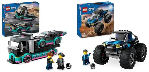 LEGO City Race Car and Car Carrier Truck Toy, Vehicle and Transporter Building Set & City Blue Monster Truck Toy for 5 Plus Year Old Boys & Girls, Vehicle Set