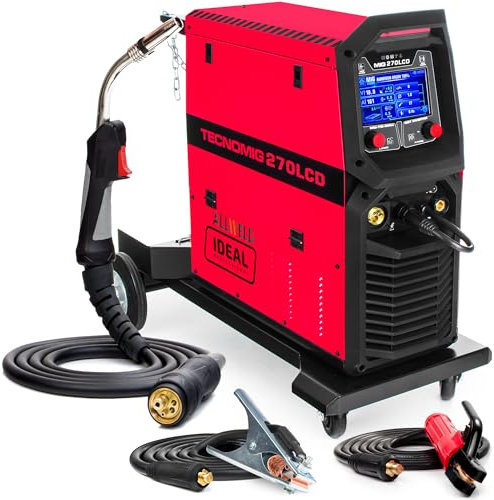 Ideal Tecno MIG 270 LCD - Soldador Inverter Profesional 270A 400V - Sinergia - MIG/MAG, MMA y TIG - Regulación de Inductividad - 2T/4T, Alimentador de Hilo de 4 Rodillos, Chasis Rodante