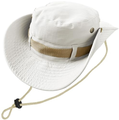 Kugooyi fiskarhattar, utomhus safari-hatt män klassiska bushhattar damer brätte solhatt med hakband vikbara hinkmössor arméstridsstil vandring trädgård jakt camping boonie (vit), Vit, En Storlek