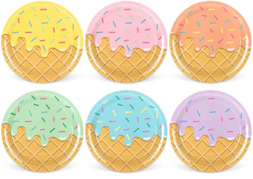 Whaline Platos de papel desechables para fiesta de cumpleaños de helado, 6 colores, bonitos platos de vajilla de 9 pulgadas para suministros de fiesta, decoración de mesa, 24 piezas