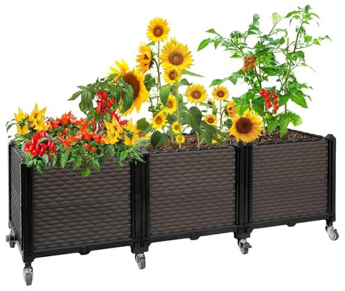 EasyVibe Raised Plant Box with Wheels 120L x 40W x 40Hcm, Raised Beds for Gardening Self Watering, Durable Metal Lockable Casters, Rectangular Garden Planter Perfect for Garden Patio Balcony Deck