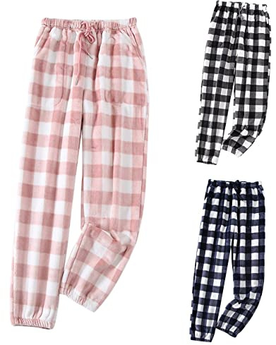 Långa rutiga pyjamasbyxor dam – pyjamasbyxor dam långa rutiga rosa – pyjamasbyxor medium passform med snörning lång flanell bomull dambyxor plyschväskor fritidsbyxor nattkläder byxor, ROSA, M