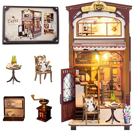 Lycidae Book nook kits for adults-COFFEE SHOP Dollhouse, Booknook | Miniature Doll House, 3D puzzle with Furniture and LED Light, Accessories Educational Toys, for 14+ Teens and Adults Building
