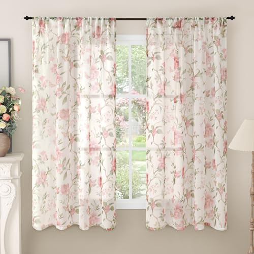 Lajode Floral Sheer Curtains for Girls Bedroom, Vintage Farmhouse Light Filtering Privacy Semi-Sheer Linen Curtains for Kids Nursery 63 Inches Long 2 Panels, Rod Pocket, Pink, Each 52 Inch Wide