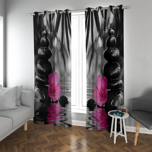 Deertweet Home Symmetrische Florale Verdunkelungsvorhänge Schwarze Zen-Stein-Fenstervorhänge für Wohnzimmer Schlafzimmer Badezimmer Verdunkelung Sichtschutzvorhang 2 Paneele H210xB132