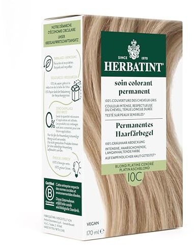 Herbatint Permanentes Haarfärbegel 10C Platin Aschblond – 170 ml I Ohne Ammoniak, optimale Grauhaarabdeckung I Auf empfindlicher Haut getestet, mit 8 Pflanzenextrakten