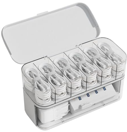 Cable Management Box With Lid, Data Cable Tidy Box With 7 Compartments, Charger Wires Case,Cord Organiser Box For Wire And Charger Storage, Transparent