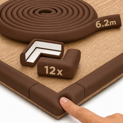 Hoffenbach Protector de Bordes y Esquinas para Bebés – 6,2m de Espuma de Seguridad para Mesa y Muebles – 12 Protectores Adhesivos – Protección Infantil para el Hogar – Marrón Chocolate
