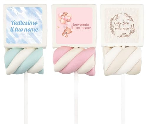 CandyFrizz Selection Personalizzati – Marshmallow Quadrato con Grafica a Tema + Nome Personalizzato –Nascita, Battesimo, Matrimonio, Laurea, Comunione (Spiedini Marshmallow personalizzabili)