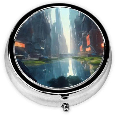 WZYWHJ The City on The Water Printing Circular Medicine Box Storage, Portable Travel with compartments, mini Pill Dispenser