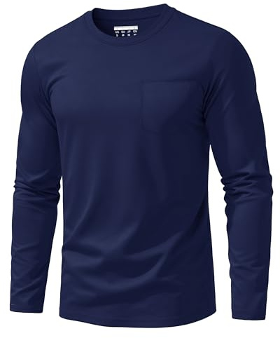 EKLENTSON Men's T-Shirt Long Sleeve Cotton Shirt with Pocket | classic plain colour casual work crew neck t shirt,soft lightweight breathable comfortable basic solid tops