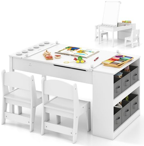 COSTWAY Kids Art Table and Chair Set, Wooden Toddler Craft Easel Desk with 2-Tier Open Shelf, Storage Bins, Paper Roll, Paint Cups, Children Play Activity Furniture