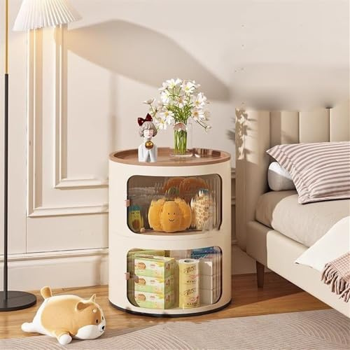 Round Nightstand with Drawers No Assembly Off White Bedside Table Plastic Storage Chest & Sliding Door End Table for Bedroom & Living Room (Brown Panel 2-Tier)