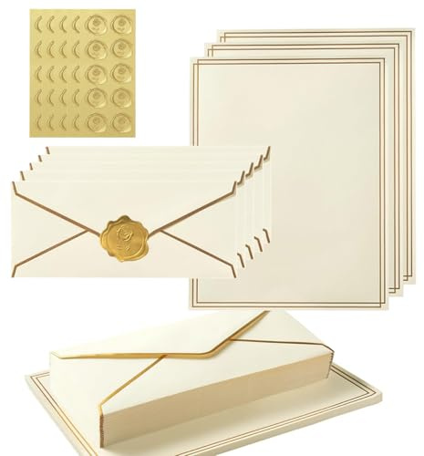 Acidea 150 Pieces Stationery Set with Gold Border, Luxury Gold Border Business Envelopes Letter Writing Paper Stickers, Letter Paper and Envelopes Set for Birthday Wedding Invitation Love Letters