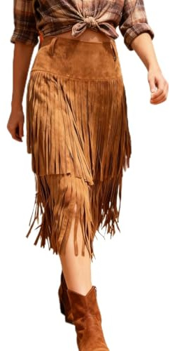 Apocrypha Womens Boho Fringe Faux Suede Trendy Casual Tassel Country Concert Western Cowgirl Skirt Brown