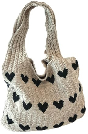 VILLCASE Bolso de Verano para Mujer Bolso Playero Tejido de Punto Color Caqui Funcional Ligero para Playa Picnic y Uso Diario Tamaño Mediano Diseño de Corazón