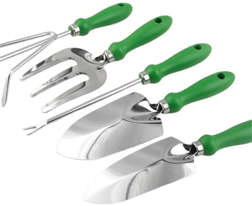 IUVYTA Handgabel Gartenwerkzeug-Set, Rutschfester Edelstahl-Rechen, Schaufel, 5-teilig, Sukkulentenwerkzeug mit ergonomischem Griff, multifunktional