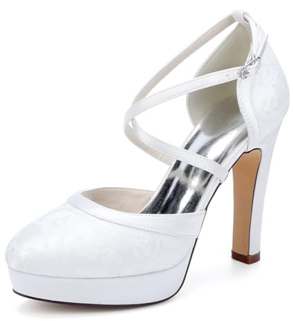 YFZBJY Décolleté con plateau in raso a motivo in pizzo da donna, chiuse in punta con cinturini incrociati alla caviglia - Eleganti scarpe con tacco a spillo per matrimoni e eventi formali,Bianca,40 EU