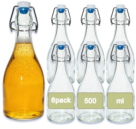 Bamysol 6PCS swing top bottles - Premium glass bottles 500ml Airtight Clear kombucha bottles for Brewing, Fermentation, Water, Oil & Vinegar - Heavy Duty & Leakproof