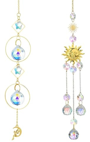 Atrapa Sol, 2 Piezas Carillones de Cristal Prismático, Cristales Colgantes Sun Catchers Decoración Ventana, Colgante Suncatcher con Colgante Arco Iris para Ventana Jardín (33+43cm)