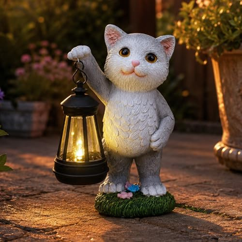 Yeomoo Solar Katzendeko mit LED-Laterne für Garten Geschenke für Frauen | Wetterfeste Gartenfigur Katze aus Harz, Geschenke für Frauen Männer Katzenliebhaber, süße Dekoration für Terrasse Balkon Grau
