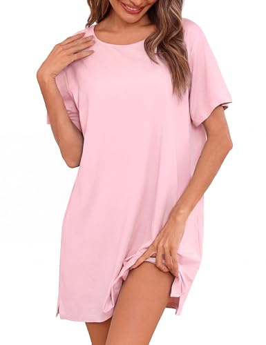 Litherday Womens Nightdress Cotton Short Sleeve Nightie Crew Neck Nightdress for Women Soft Breathable Sleepwear Ladies Nightshirt Loose Nightwear Loungewear S-XXL