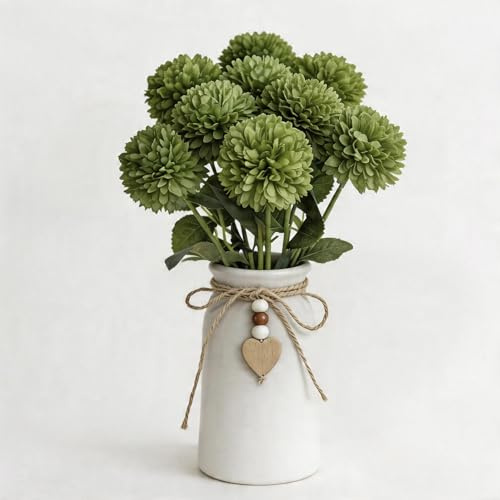 UoYeet Arreglo floral de crisantemo artificial en jarrón con cuerda de yute y colgante de corazón, decoración de centros de mesa de imitación verde para el hogar, celebración, decoración de fiestas