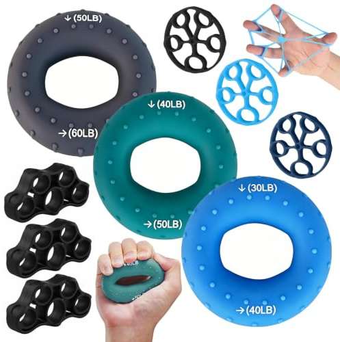 Griffkraft Trainer Set - 9-teilig Fingertrainer Handtrainer für Unterarmtraining, Silikon Ringe und Fingerstrecker, Handgelenk Krafttrainer Zubehör für Bouldern Klettern Physiotherapie und Fitness