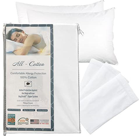 National Allergy Premium Kissenbezug aus 100 % Baumwolle mit Reißverschluss, Weiß – Fadenzahl 300 – hypoallergener Bettkissenbezug mit Reißverschluss – atmungsaktiver Bezug, 2 Stück, Queen-Size