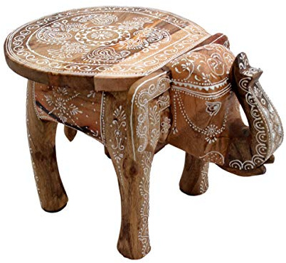 Gall&Zick Elefanten Hocker Beistelltisch Blumenbank Dekotisch Pflanzenständer Mangoholz Handbemalt Orientalisch Indisch Handarbeit Mandala (Brown)