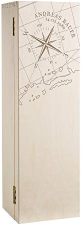 AMAVEL Caisse à Vin en Bois 1 Bouteille, Boîte avec Gravure Maritime, Boussole et Carte des Mers, Personalisée avec Nom et Date, 36 x 9,6 x 9,6 CM