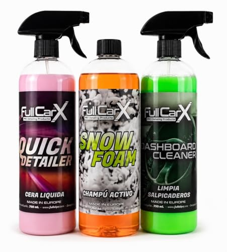 AutoFullCar FullCarX Kit de nettoyage pour voiture intérieure et extérieure 3 x 750 ml, shampooing actif, cire liquide, nettoyant tableau de bord, produits de nettoyage et d'entretien du véhicule