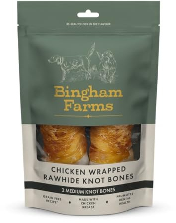 Bingham Farms Chicken Wrapped Rawhide Knot Bone Dog Treat - Dental Chew, Nutritious, Natural Flavour, High Protein – Medium - 2 pk 160 g