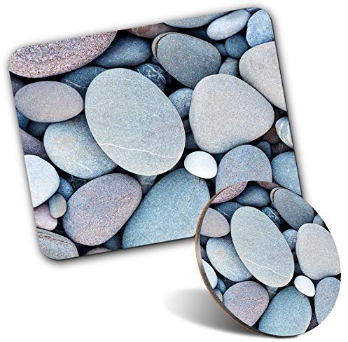 Rectangle Mouse Mat & Round Coaster Set - Pebbles Stones Seaside Beach 20 cm & 9 cm for Computer & Laptop, Office, Gift, Non-slip Base #15859